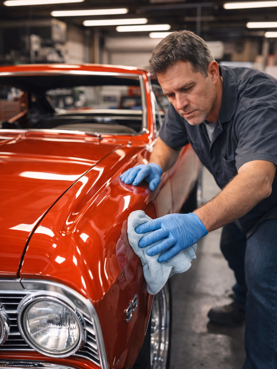 Auto body technician polishing a classic red Chevrolet to show-car finish