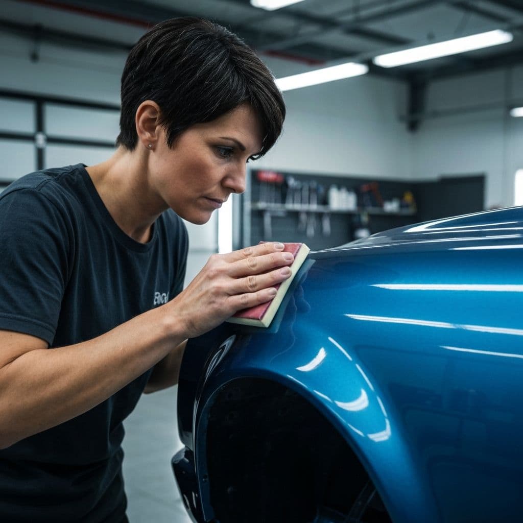 Auto body technician wet sanding to mirror finish