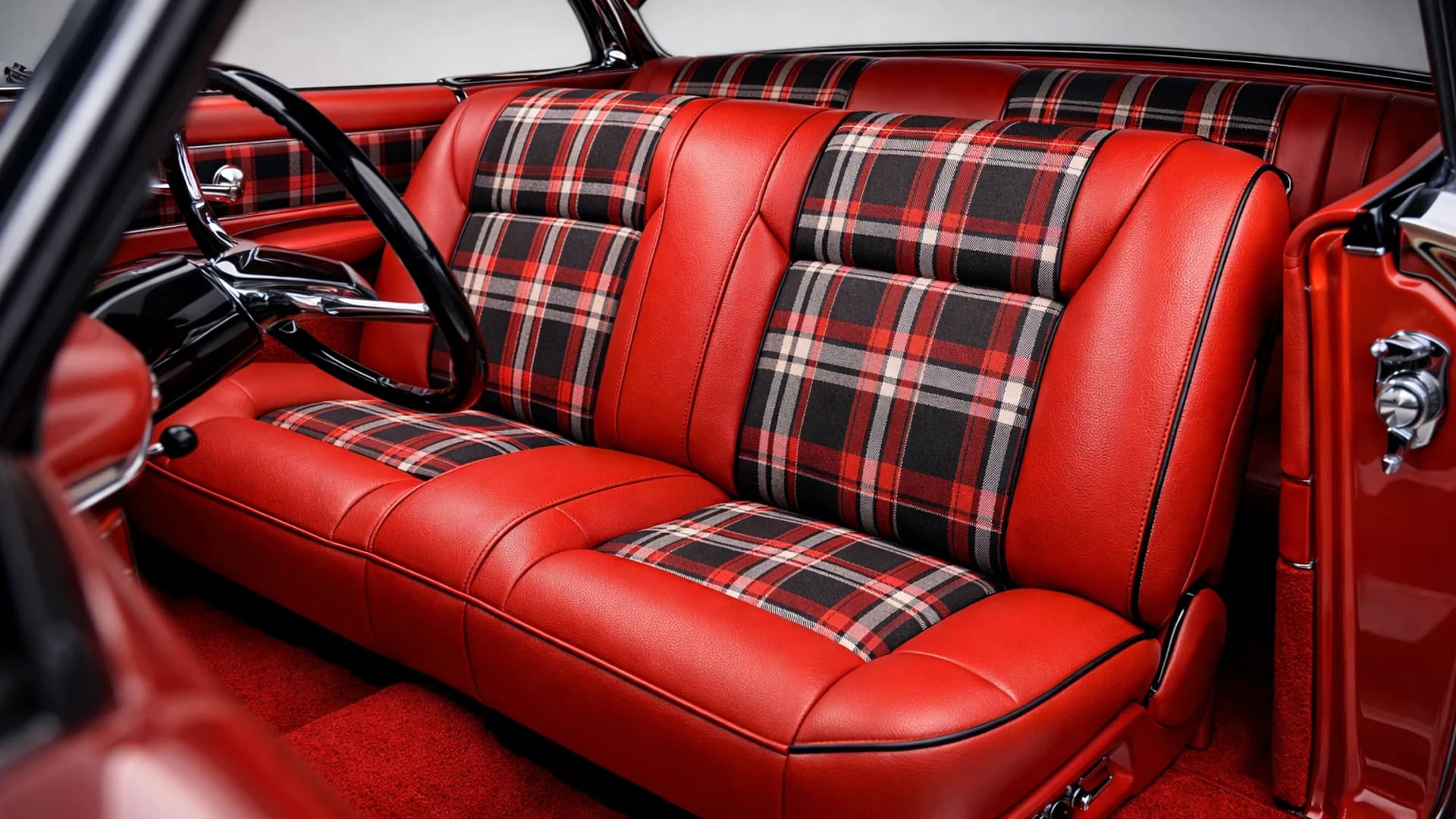 Custom red leather and plaid interior on classic American muscle car — BCAutowerx upholstery